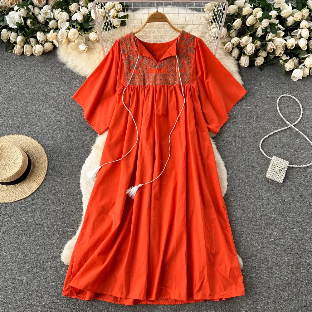 

WAKUTA Vintage Loose Maxi Dresses Clothes Chic Embroidery Solid Short Sleeve Ins Summer Women Dress Beach Casual Lazy Fashion