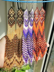 Rice bead earrings Tassel Gradient Originality Geometry Design Long pattern Hand knitting Bohemia Alloy Tide  Beaded earrings