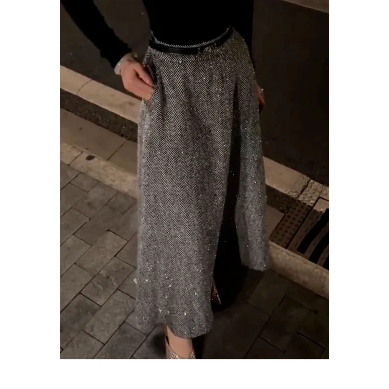 Hoog getailleerde gemarkeerde zak bedrukte verticale rechte wollen rok voor dames herfst en winter nieuwe losse afslankende zoomrok