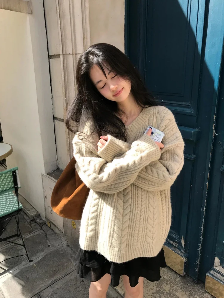 

Soft Cozy Vintage Texture Women's Knitted Sweater oulder-Length V-Ne Long Sve Warm Casual Faion Top