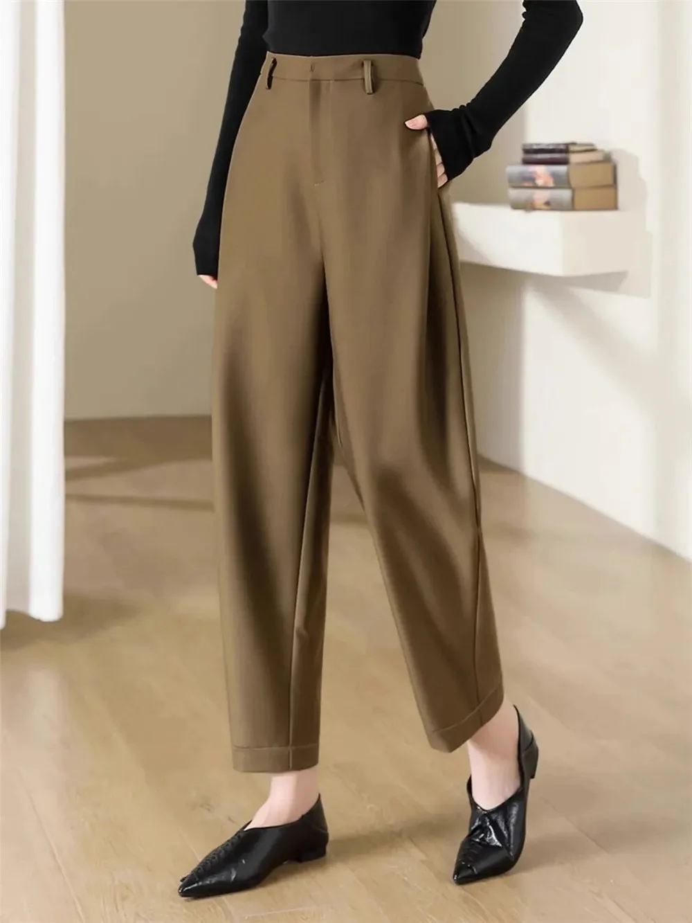 Woolen Casual Pants Women\'S Winter Warm Fashion Harem Pant Office Ladies Loose Autumn High Waisted Straight Tube Suit Pants