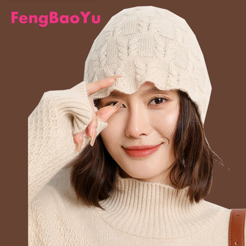 

Женская кашемировая шапка Fengbaoyu, осенне-зимняя шерстяная вязаная жаккардовая шапка с узором из витых цветов для отдыха и защиты ушей