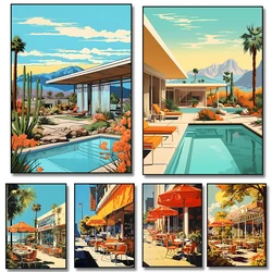 Vintage House Palm Springs Pool Landscape Coffee Shop Poster Canvas Painting Print for Living Room Home Decor Wall Art Mural