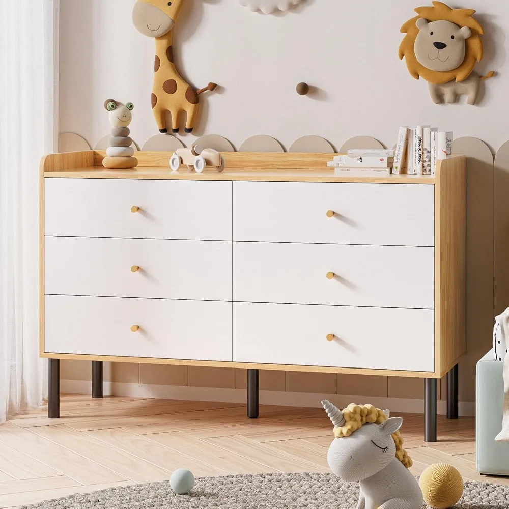 

6 Drawer Natural Wood Dresser with Wide Drawer and Metal Handles, Modern Dressers & Chests of Drawers for Hallway Entryway