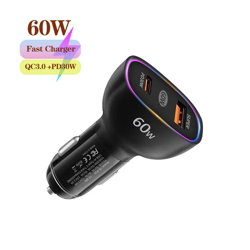 2Port 60W Car Charger QC3.0/PD30W Fast Charging Car Phone Charger Adapter for iPhone iPad Xiaomi Huawei Samsung Quick Charger