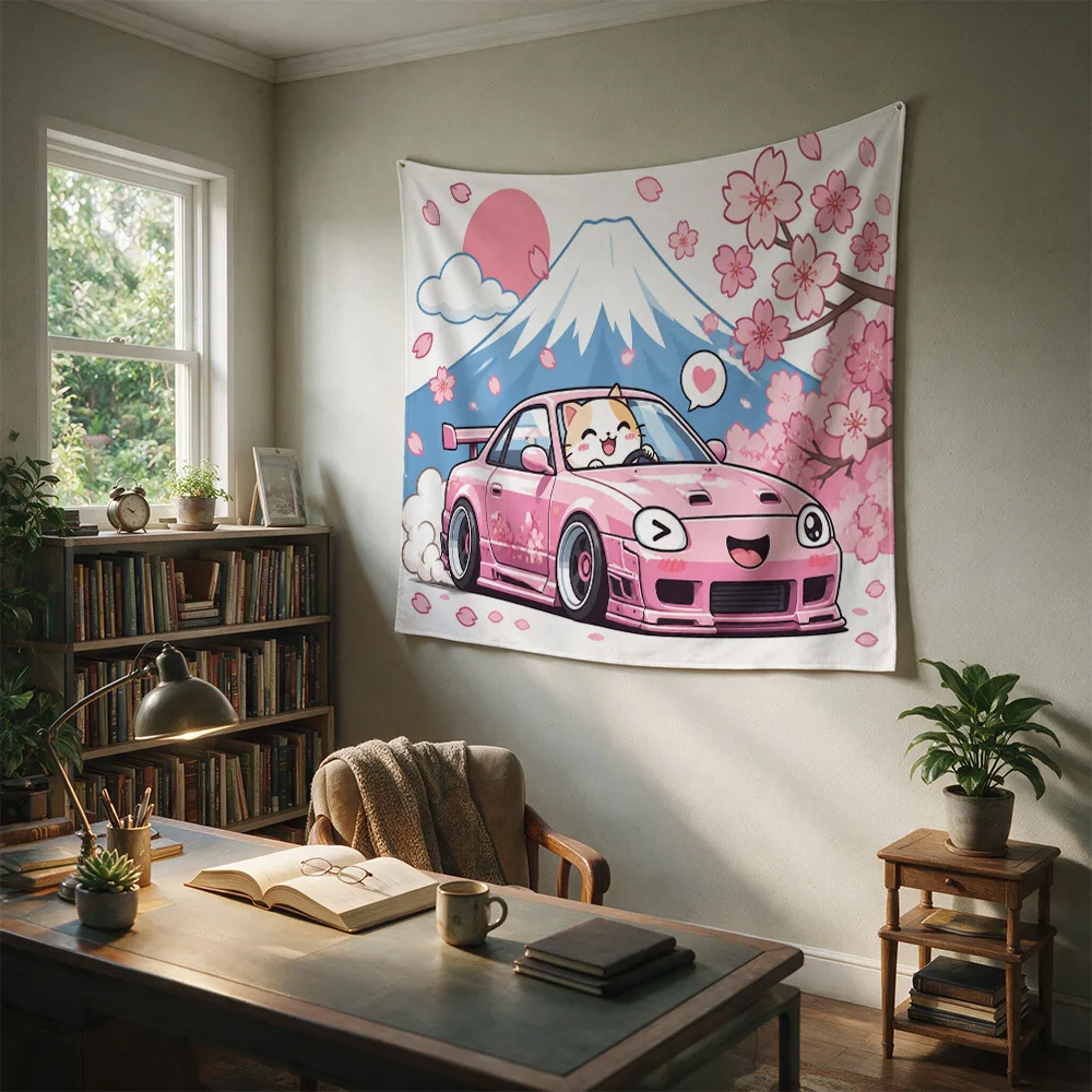 Kawaii Anime Car Print Wall Tapestry Pink Sports Car Mount Fuji Cherry Blossoms Bedroom Decor