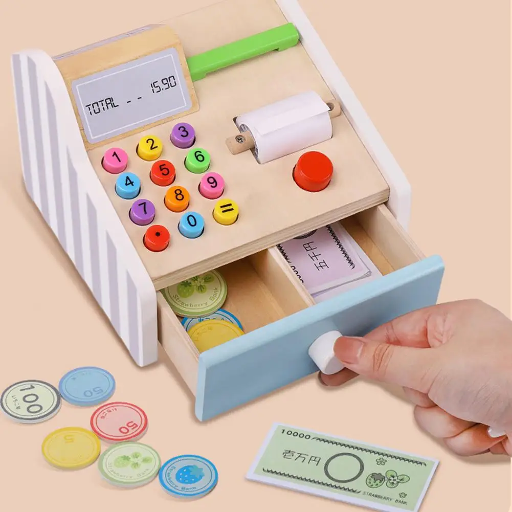 Ensemble de jouets de caisse enregistreuse d'achat de Marketing en bois avec Simulation de carte de crédit ATM modèle Machine supermarché caissier registre jouet