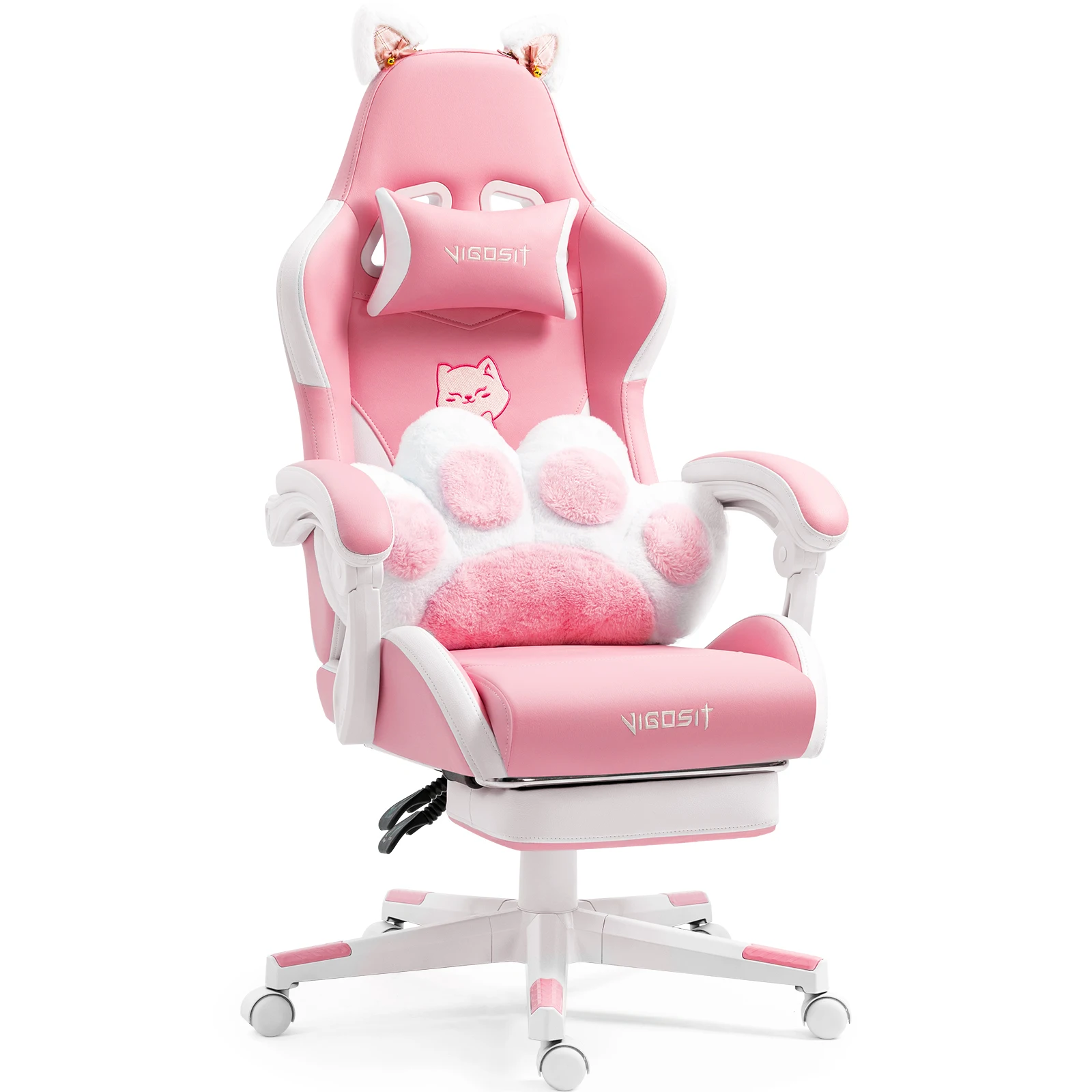 Vigosit Gamingstoel met schattige oren en Kawaii kussen, ergonomische computerstoel voor meisjes met lendensteun