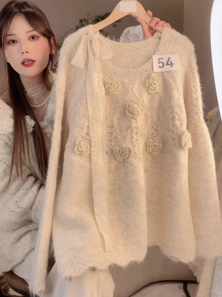 الكورية Sle الجوف خارج ثلاثية الأبعاد زهرة محبوك سترة المرأة فضفاضة كسول Sle سترة علوية الخريف الشتاء جديد وصول ملابس خارجية