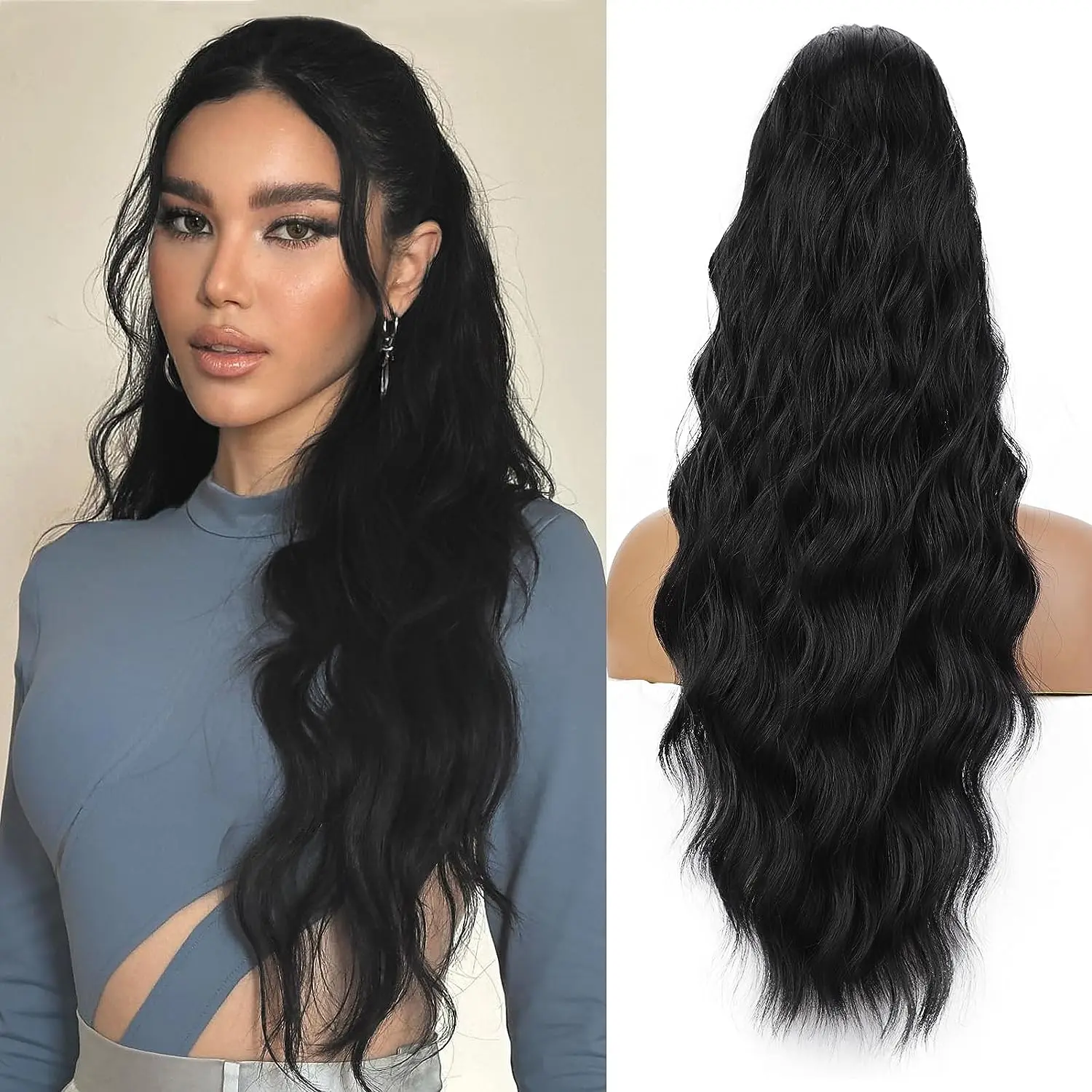 I\'s a wig Synthetic Ponytails Long Wavy Black Wigs with Women for Daily Party Use