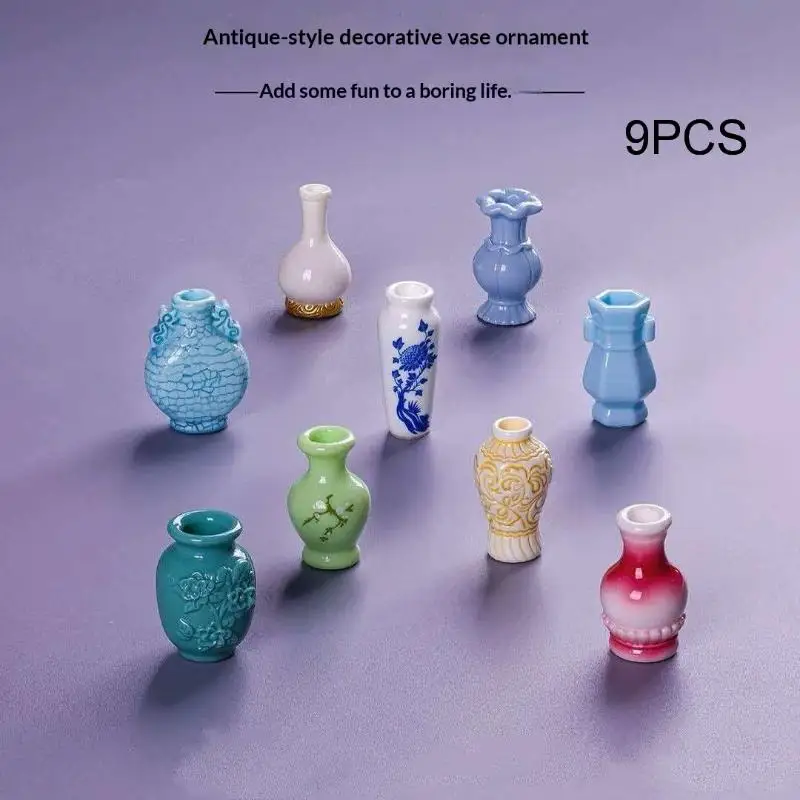 9Pcs Mini Antique Vase Resin Ornament Vintage Porcelain Style Vase Model Decor For Dollhouse Landscape Scene Desktop DIY Crafts