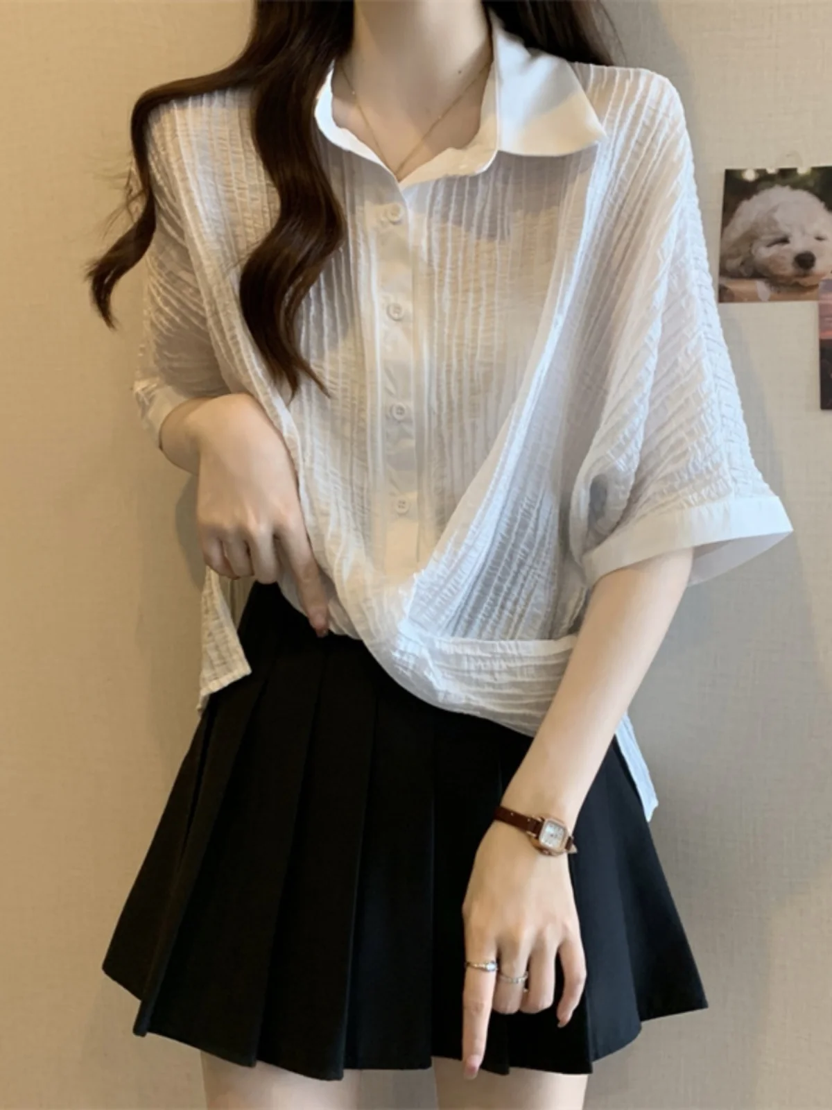 

Slimming White Cross-Bodied Short Sleeve Women's Shirt Base Layer Top Unique Asymmetric Korean Style Commute Fashion plus Size