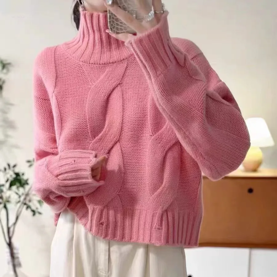 

New High Neck Pullover Sweater for Women in Autumn and Winter Solid Color Perforated Knit Sweater Top