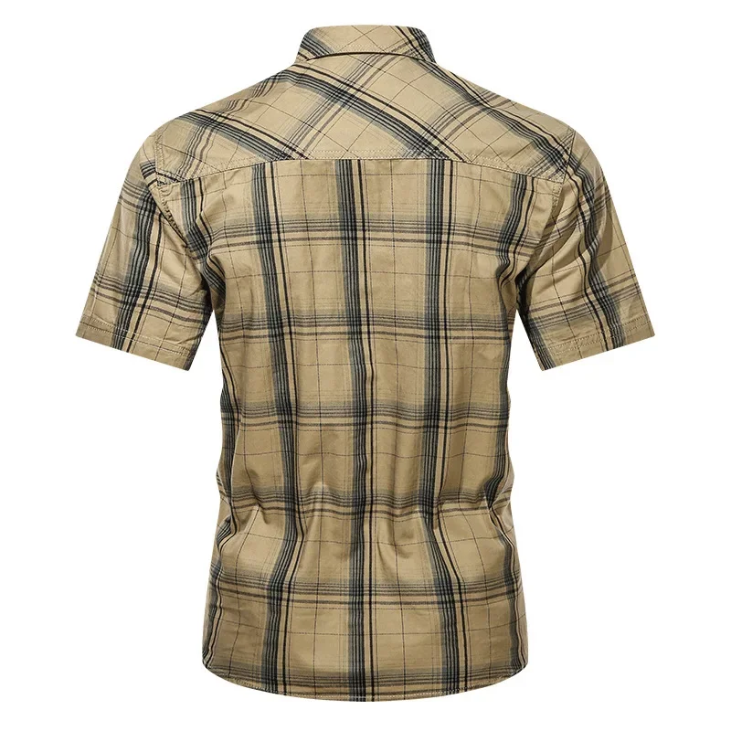 Camisa xadrez masculina de manga curta, camisas militares masculinas, ao ar livre multi bolsos, camisas de ferramental, homem camisas de algodão,