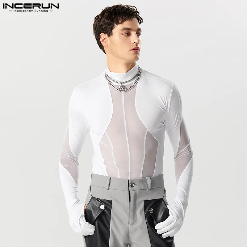 

INCERUN 2023 American Style Men's Bodysuits Sexy Stylish Mesh Splicing Design Jumpsuits Casual Thimble Long Sleeve Rompers S-5XL