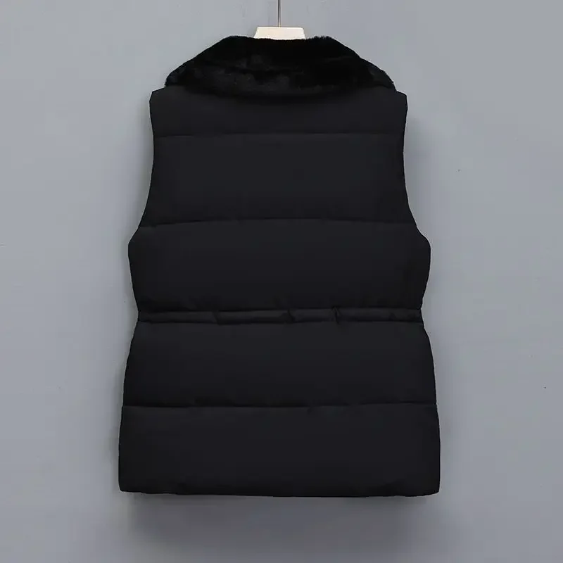 Women Drawstring Slim Clothing Autumn And Winter Snow Outwear Waistcoat Jacket Spliced Fur Fashion Warm Vest Coat