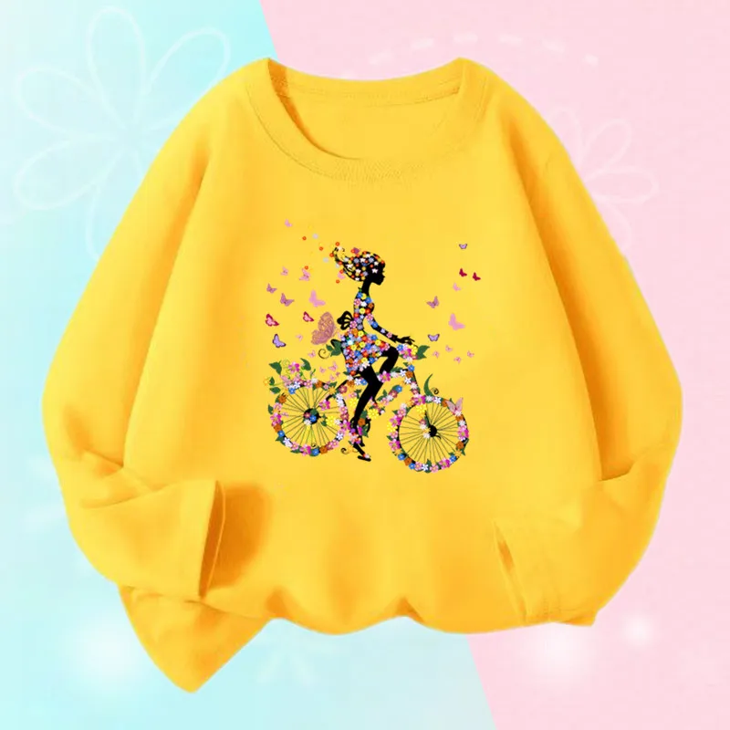 Kids T Shirt Floral Girl with Butterfly Bicycle Print Tops Girls Casual Cute Graphic Tee Shirt Long Sleeve Cartoon T-shirts