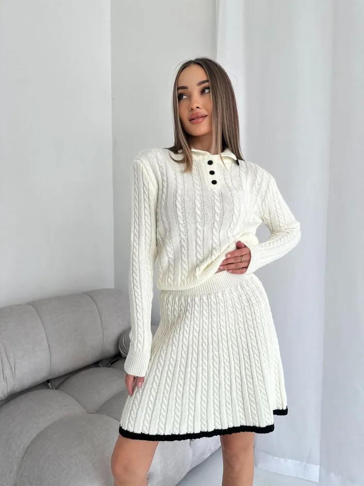 Women Skirt Set Fall Fashion Knitted Two Piece Set Women Long Sleeve Knit Sweater And Short Skirt Suit Casual Women Sweater Set