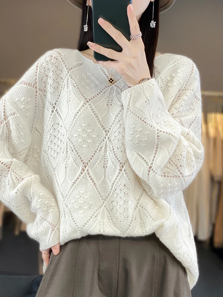 100% Merino Wool Women's O-Neck Pullovers Sweaters  Autumn Winter Fashion Loose Hollow  Female Cashmere Knitwear Clothing Tops