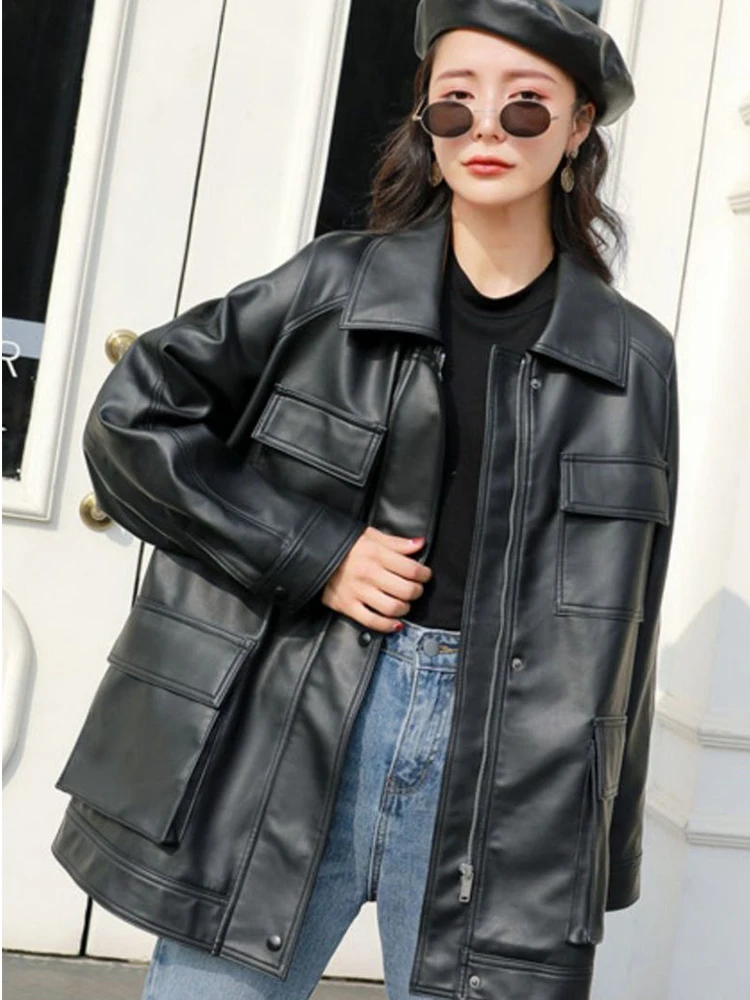 FMFSSOM Spring Autumn Four Big Pocket Chic Loose Design Biker BF Vintage Women Lady Pu Leather Jacket Leather Moto Jacket