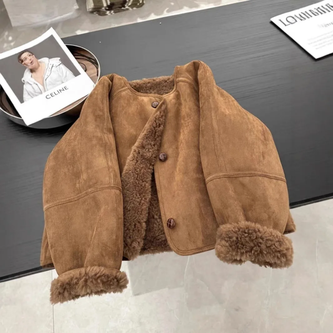 2025 Autumn Winter New Fashion Fur Integrated Thick Women Casual Jacket Versatile Solid Color Female Lamb Fur Suede Coat