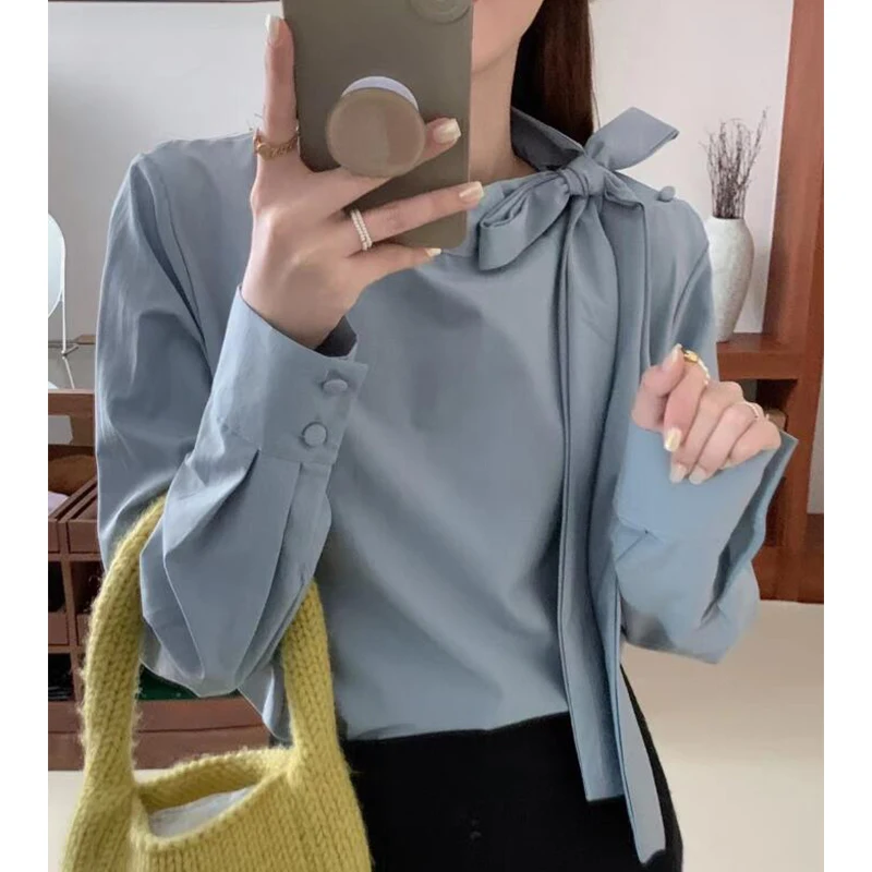 Nomikuma Korean Bow Bandage Stand Neck Blouse Causal Long Sleeve Fashion Solid Elegant Shirts 2023 New Blusas De Mujer