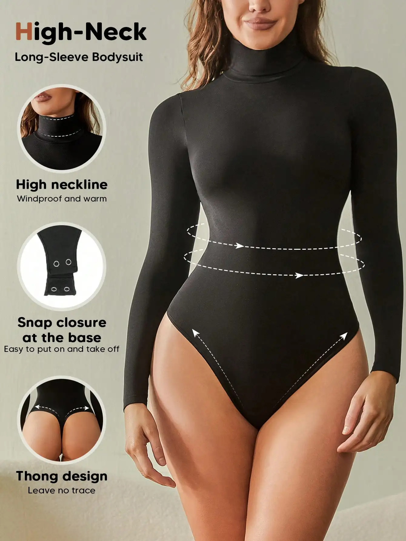 

Женское облегающее боди с высоким воротом и длинными рукавами - черное, ветрозащитное и теплое