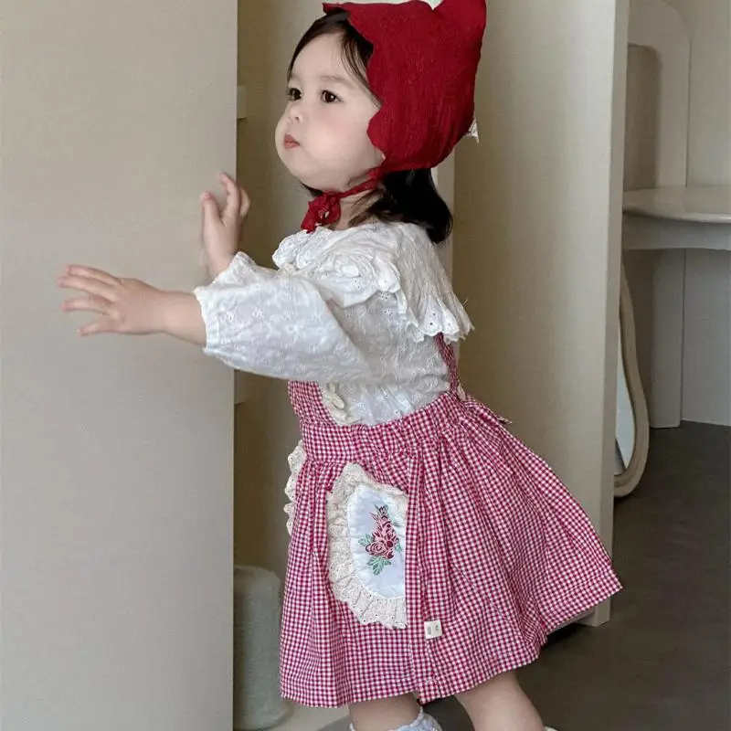 2025 Spring New Baby Sleeveless Strap Dress Flower Lace Girls Sweet Plaid Dress Infant Toddler Princess Dress Girls Clothes