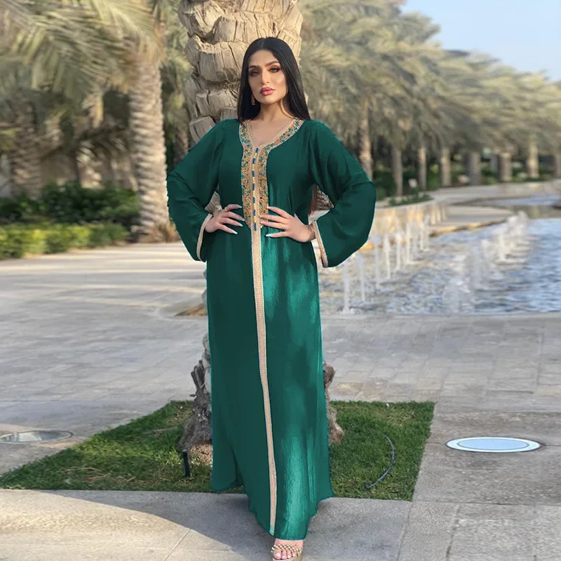 Middle East Satin  Dress with Rhinestones Ribbon Lace Abaya Dubai Muslim Fashion Long Robe Loose Maxi Dress