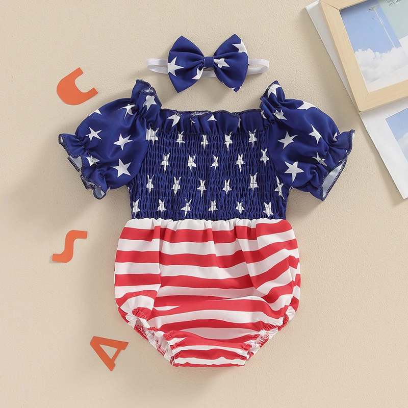 

4th of July Baby Girls Rompers Stripe Stars Print Boat Neck Short Sleeve Infant Bodysuits Summer Jumpsuits with Headband