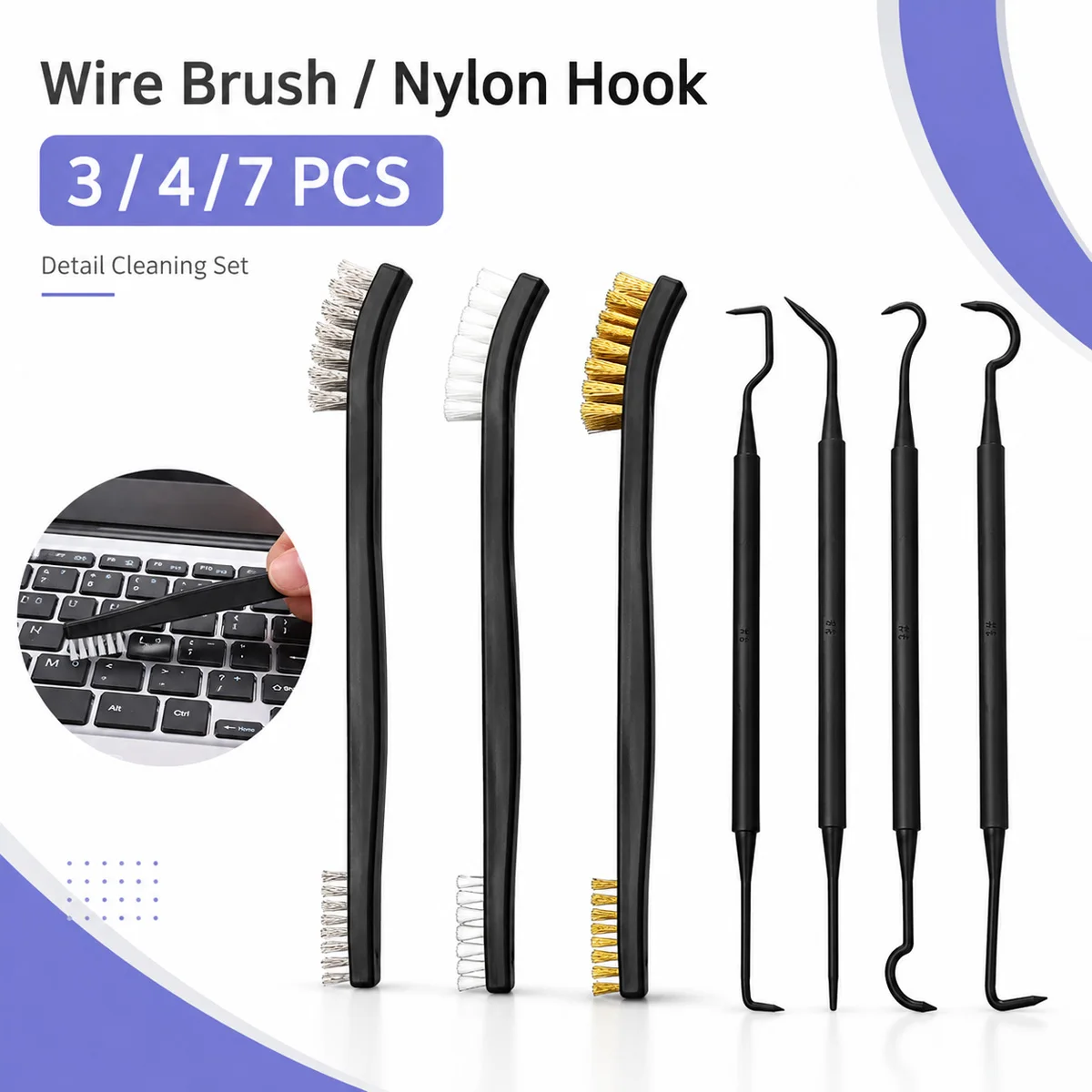 3/4/7PCS Double End Wire Brush Kit Nylon Brass Steel Brushes with Hook Picks For Bike Chain Car Parts Keyboard Crevice Cleaning