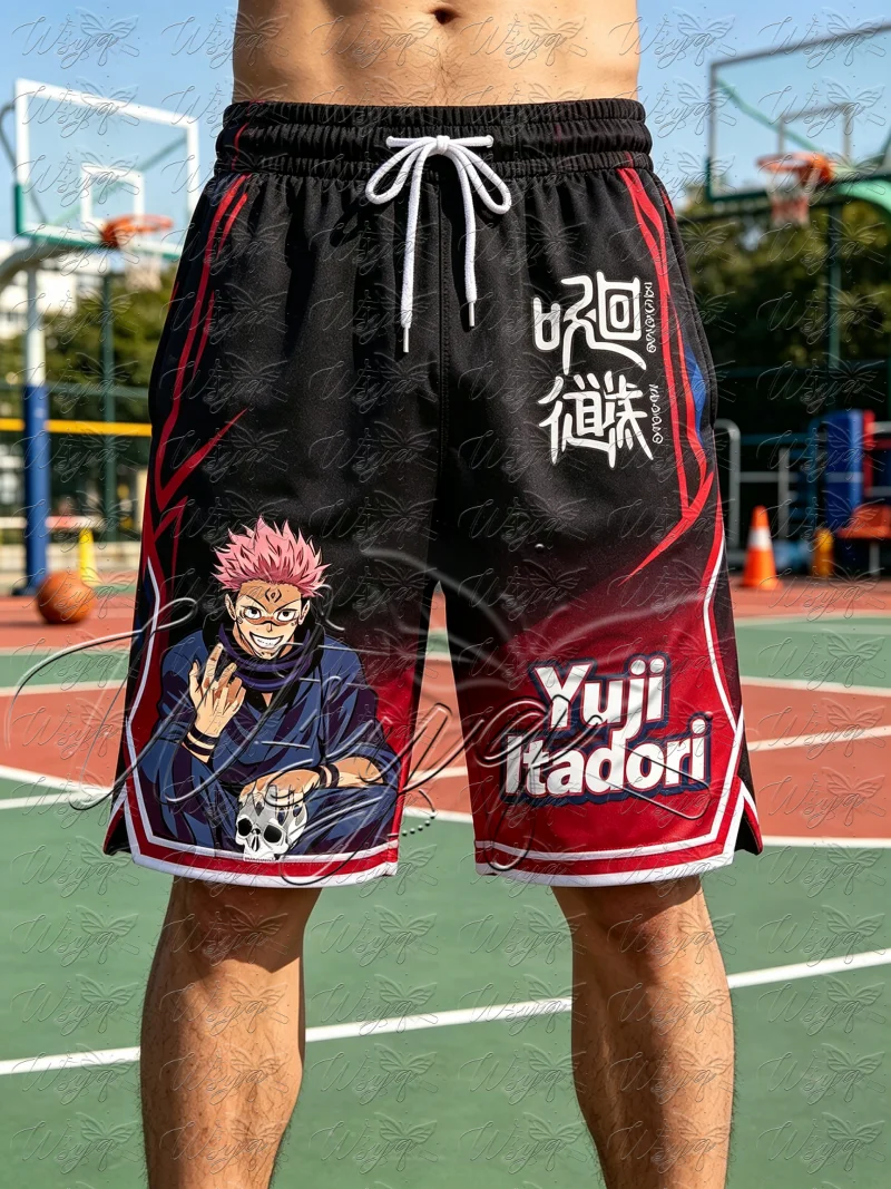 Jujutsu Kaisen Yuji Itadori Gradient Print Basketball Shorts Summer Quick Dry Unisex Drawstring Breathable Street Sports Shorts