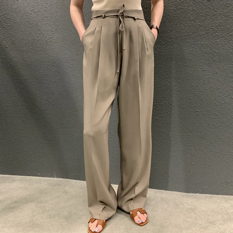 

Chic Retro High Waist Wide Leg Suit Pants Women's Floor Length Trousers with Belt Loose Dra Korean Sle Commute