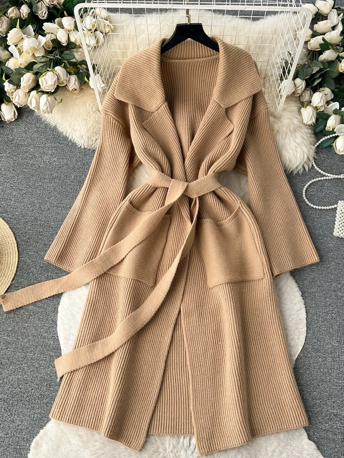 

Простое вязаное пальто Ele MENG QI Street Sle, хлопчатобумажная ткань с узлом, длинная верхняя одежда в полный рост