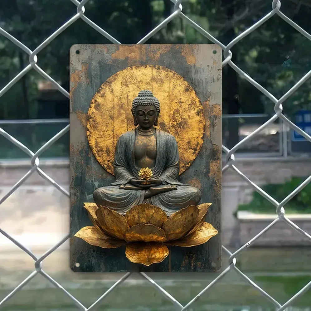 2D Flat Metal Sign Vintage Buddha Meditating on Lotus Flower Golden Halo Zen Wall Art Home Decor