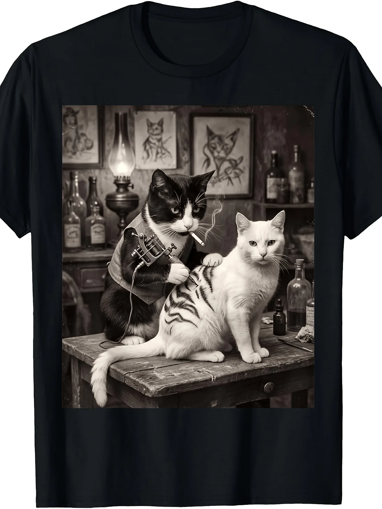 Vintage Smoking Cat Tattoo T-Shirt - Vintage Tattooed Kitten Artist Terrier T-Shirt for Everyday Wear, Machine Washable Crew Neck for Casual Dress & Tattoo Studio Outfits