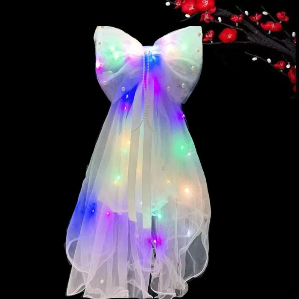 Gift LED Light Glowing Veil Ribbon Bow Two Layers Dress Up Bridal Wedding Veils Soft Tulle Glitter Veil for Women Girls