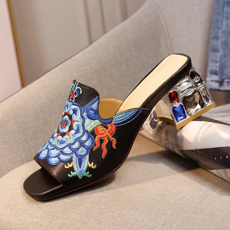 

New Retro Ethnic Style Embroidered Leather Sandals Square Head Open-Toed Square Heel Heightening Sandals Women's Slippers 34&43