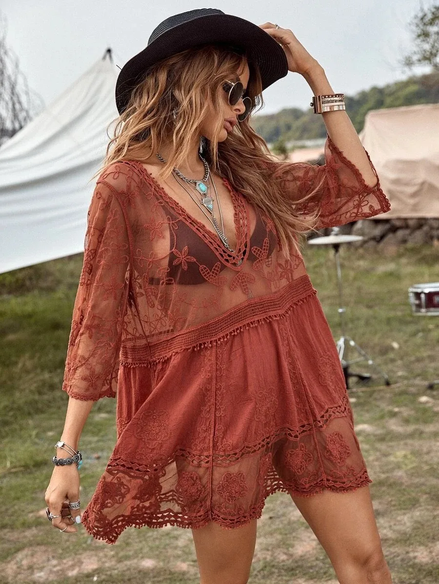Summer Women's Clothing Lace Floral Embroidered Cover Up Beachwear V Neck Loose Fit Midi Dress For Woman Cotton Short Sleeve