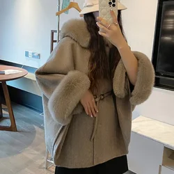 Real Fox Fur Woolen Jacket 2024 New Fashion Winter Women's Hooded Belt Warm Luxury Thick Female Coat Cloat Type Batwing Sleeve