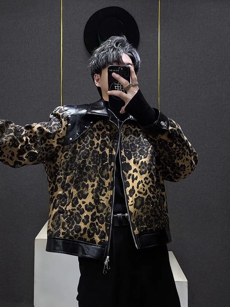 American Retro Leopard Print Stand Collar Jacket Men's New 2025 Autumn Winter Street Design Sense Patchwork Leather Outerwear...