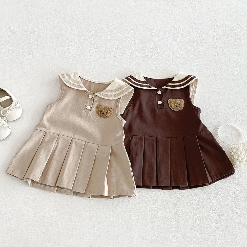 Toddler Girls Preppy Bear Dress Summer Sleeveless Pleated A-Line Dress Baby Kids Cute Sailor Collar Uniform Style Vest Dress
