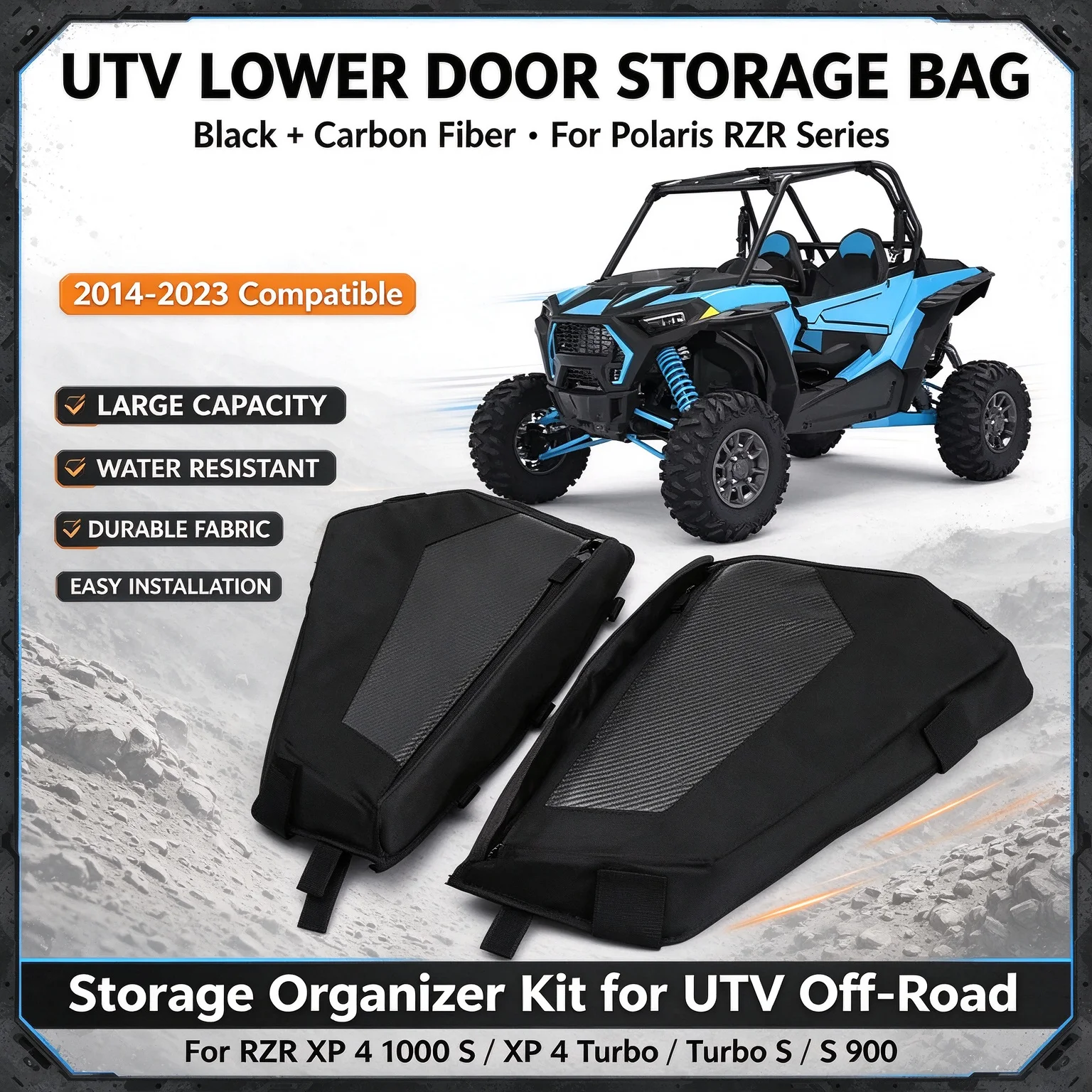 UTV Lower Door Storage Bag Kit Black Carbon Fiber For Polaris RZR XP 4 1000 S Turbo S S 900 2014-2023 Off-Road Accessories
