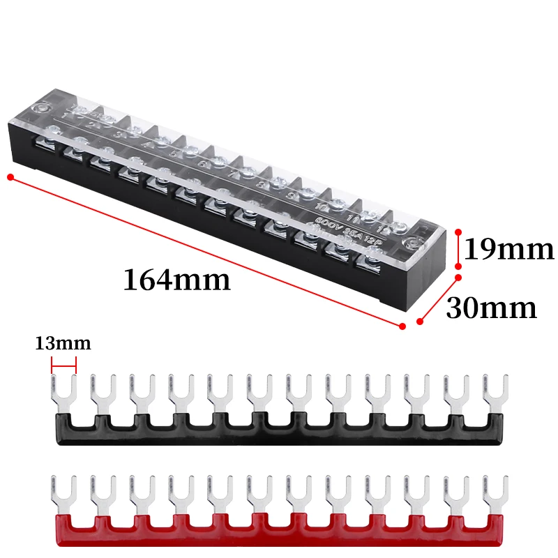 1pcs 25A 600V Dual Row Strip Electrical Screw Terminal Block Fence Screw Ribbon Wire Connector 3/4/5/6/8/10/12 Position