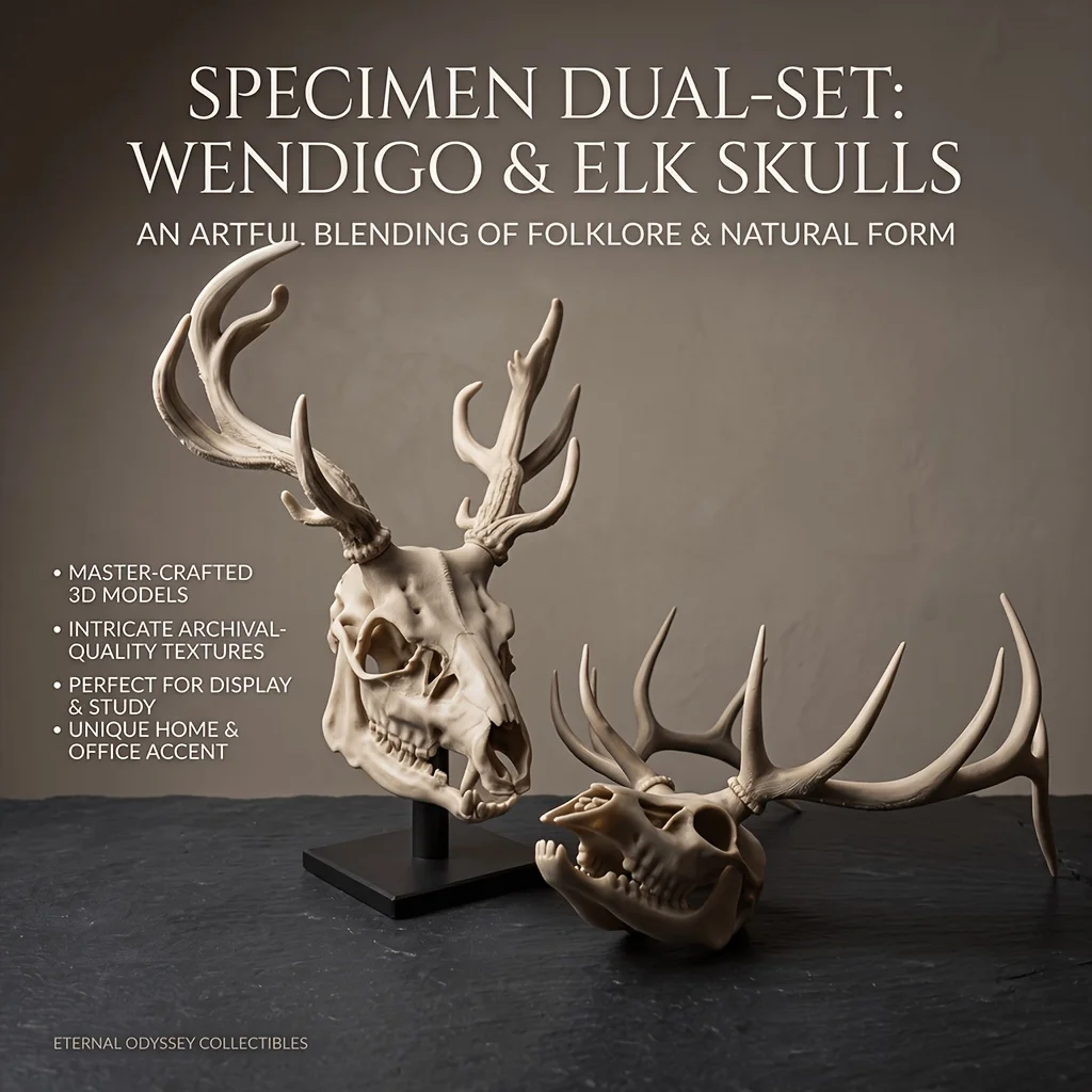 Spooky Halloween Decoration Mythological Beast & Real Elk Skull 2-Piece Statue Ornament Set, High Precision 3D Printed Folk Art Collectible, Perfect for Collection for Gothic Study Desk Decor, Quirky Humorous Holiday Gift for Skull Fans