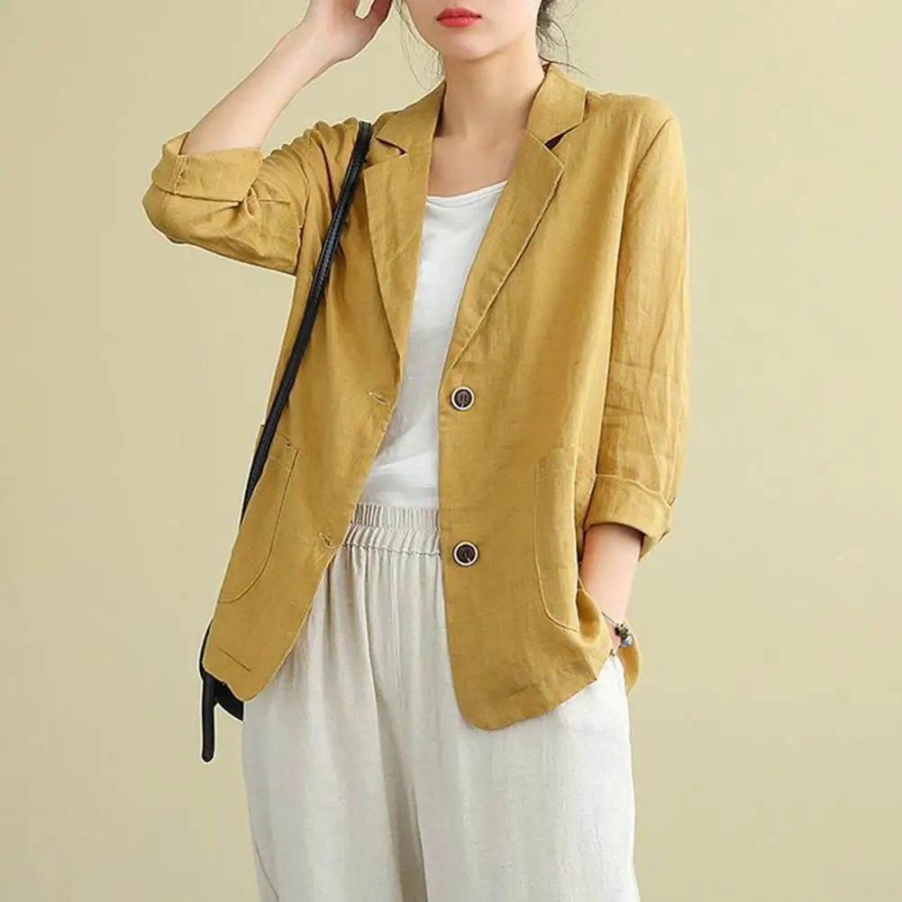 Cotton Linen Coat For Women Vintage Long Sleeve Blazer Jacket Casual Lapel 2 Buttons Thin Coat With Pockets Blazers Female Wear