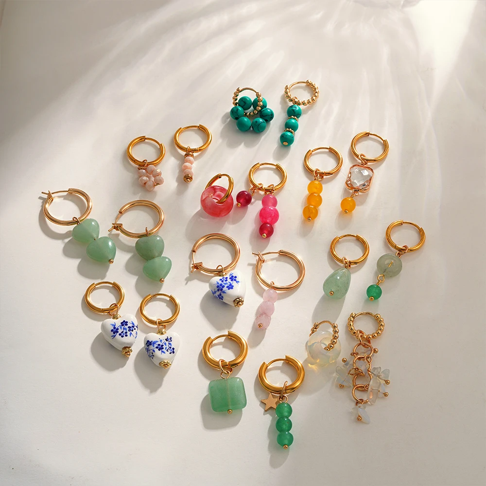 Boucles d'oreilles en pierre naturelle de Style bohémien pour femmes, pendentif irrégulier, cerceaux en acier inoxydable, breloque, bijoux d'été