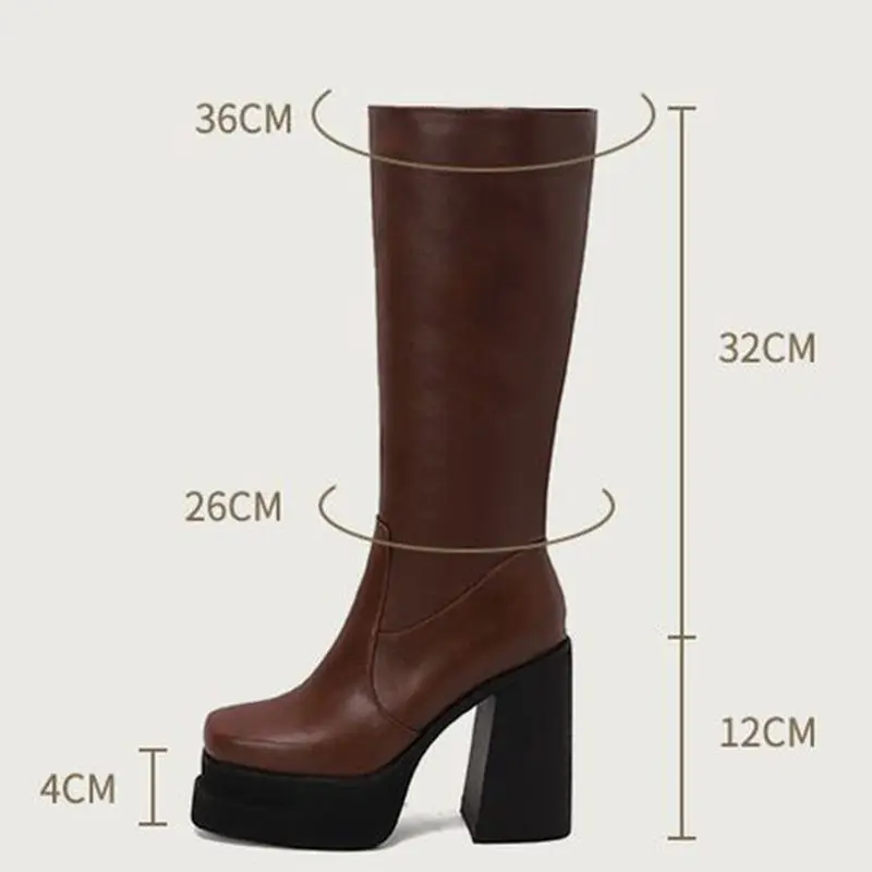 

ORCHA LISA Women Riding Knee Booties Square Toe 12cm Chunky Heel 4cm Double Platform Zipper Big Size 42 43 Fashion Dating Style