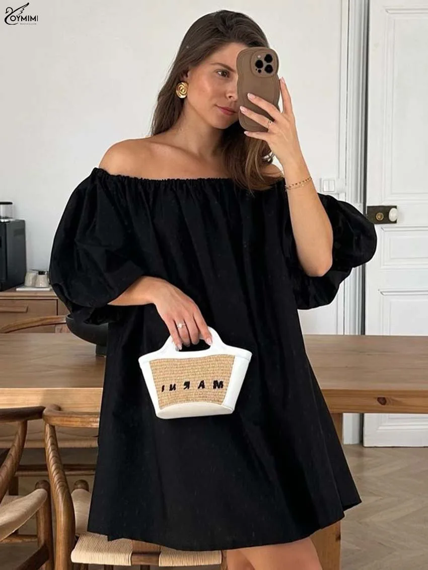 

Oymimi Fashion Black Loose Womens Dresses Elegant Strapless Puff Sleeve Solid Dresses Summer New Pleated Mini Dress Streetwear