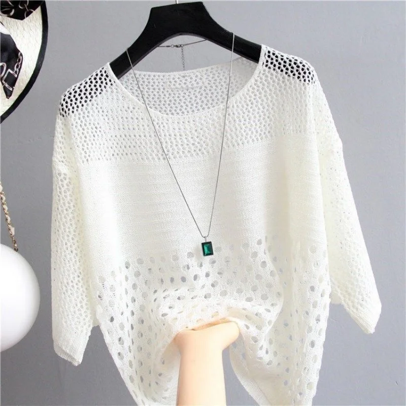 Spring and Summer New Ice Silk Knitted Vest Top Hollow Out Thin Bottoming Sling Streetwear Womens Clothing White Shirt